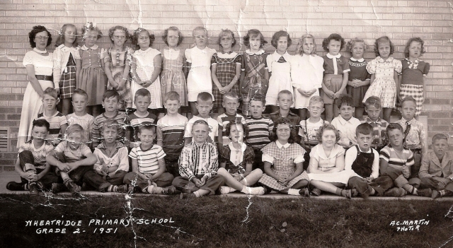 1951 - Wheat Ridge Primary School - Grade 2. Front row, left to right: Unknown, Unknown, Unknown, Unknown, Dave Eberhardt, Unknown, Unknown, Irma Johnson, Cliff Barbich?, Don Leebrick, Unknown. Middle row, left to right: Unknown, Ron Ottercrans, jim Bradb