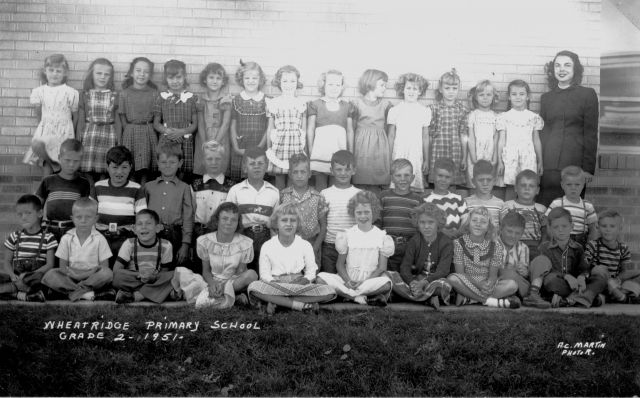 1951 - Wheat Ridge Primary School, Grade 2. Front row, left to right: Joe Neddo, Unknown, Unknown, Unknown, Linda Lamb, Flora Muselman, Unknown, Janet Pullman, Rodney Pruett, Cliff Barbich, Unknown. Middle row, left to right: Unknown, Jim Garramone, Jim L