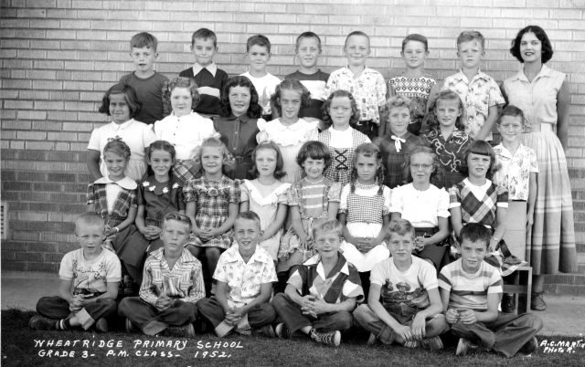 1952 - Wheat Ridge Primary School - Third Grade P.M. Class. Top row, left to right: Clyde Peek, Pete Wilcox, Mary Ann Monson, Larry Schreiber, Marilyn Miller, Linda Lamb?, Carolyn Darrow, Teacher Miss Koop. Second row from top, left to right: Eric ?, Robi